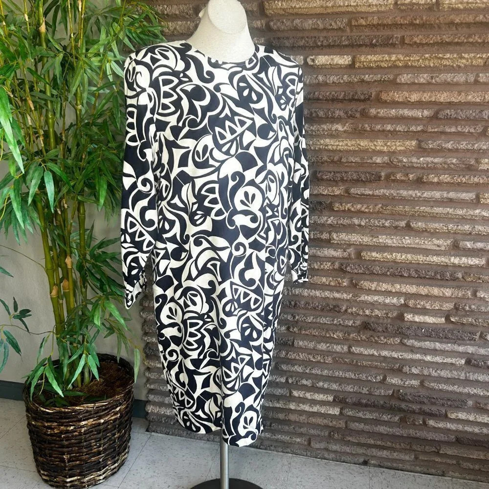 Liz Claiborne Vintage Navy Blue Geometric Scroll Classic Modest Sheath Dress - Picture 8 of 8